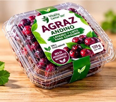 Agraz Andino en envase transparente con etiqueta verde y vino